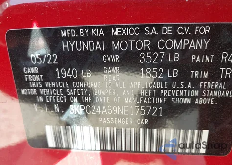 2022 Hyundai Accent Se z USA, uszkodzony, nr VIN 3KPC24A69NE175721